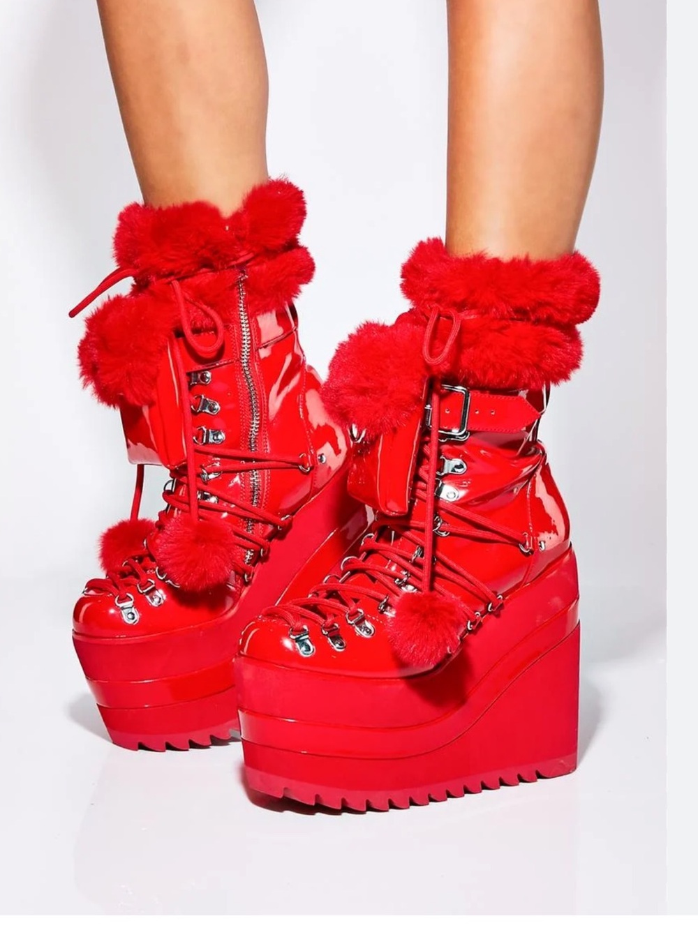 Dolls Kill Red Patent Fur-Trim Platform Wedge Boots